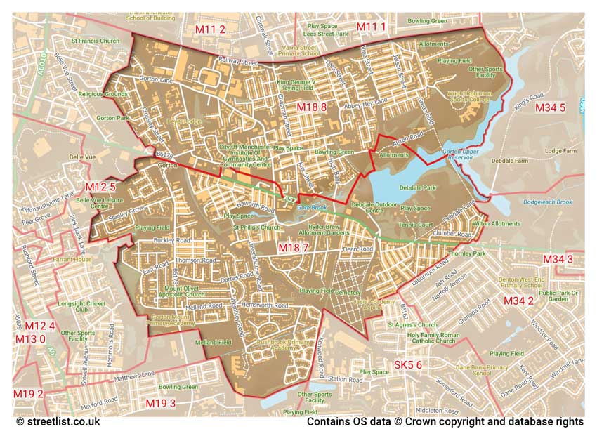 map showing postcode sectors within the M18 district