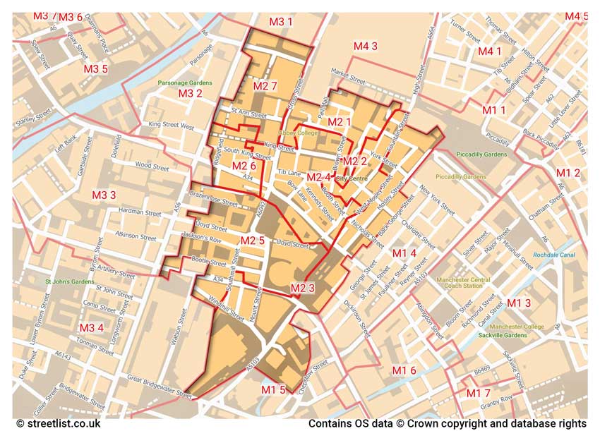 map showing postcode sectors within the M2 district