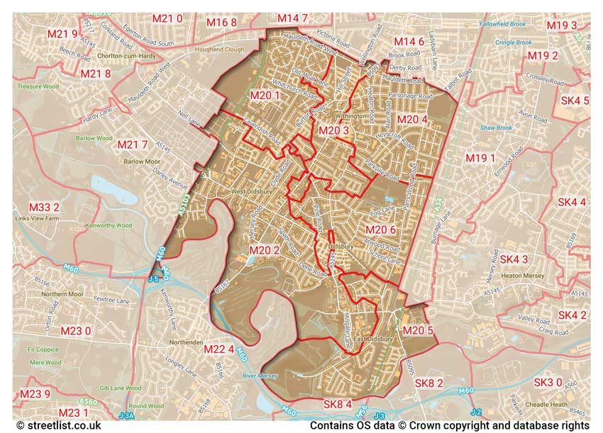 map showing postcode sectors within the M20 district