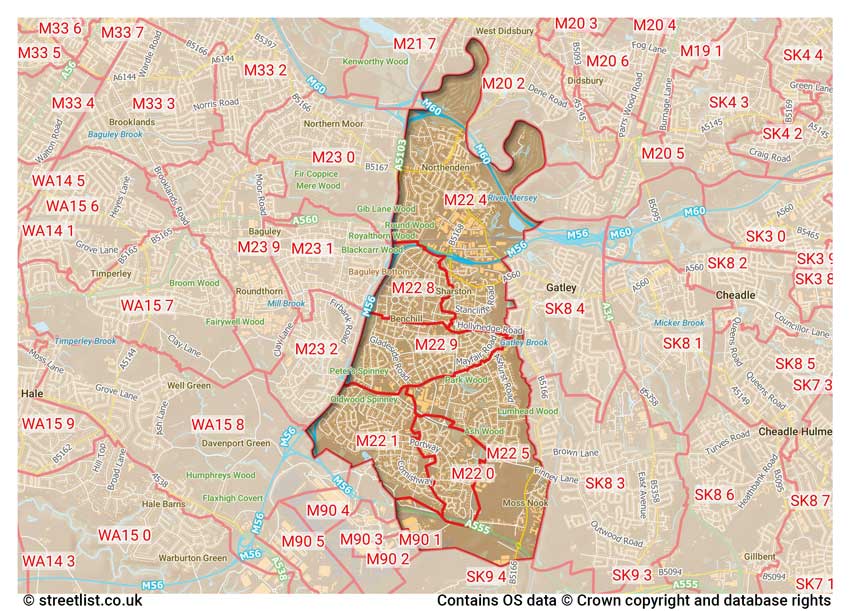 map showing postcode sectors within the M22 district