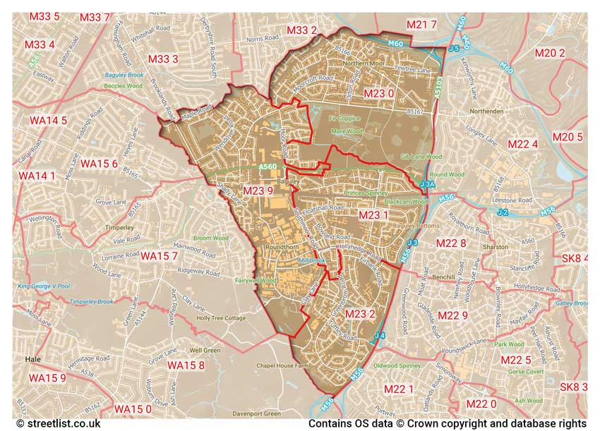 map showing postcode sectors within the M23 district