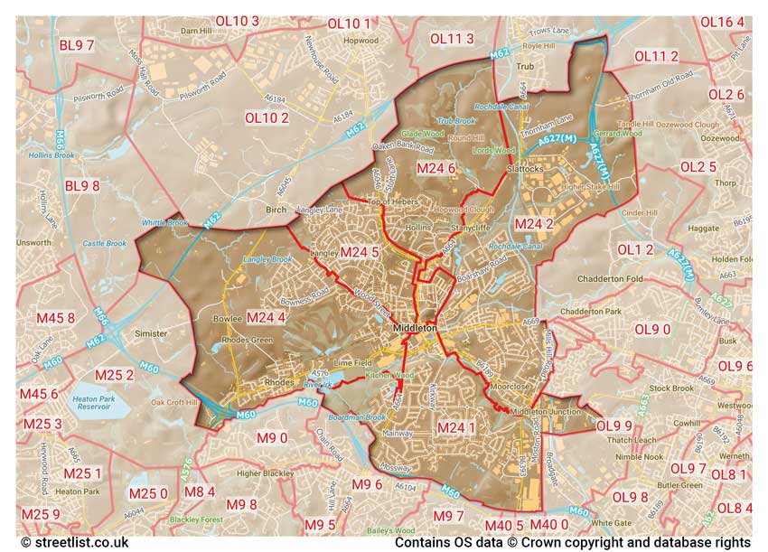 map showing postcode sectors within the M24 district