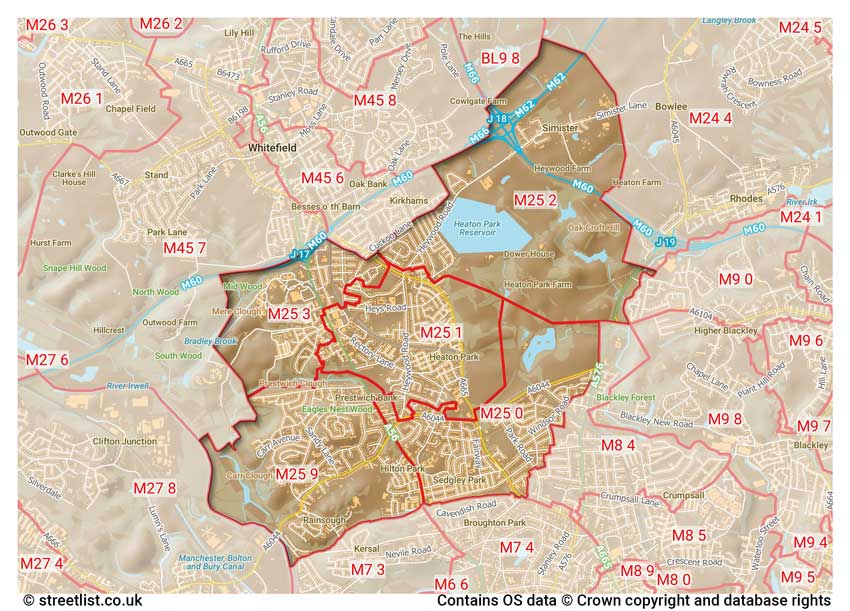 map showing postcode sectors within the M25 district