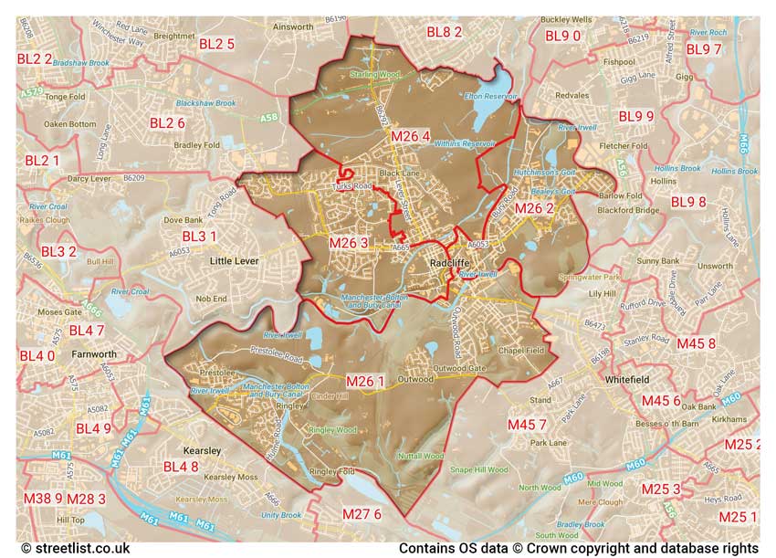 map showing postcode sectors within the M26 district