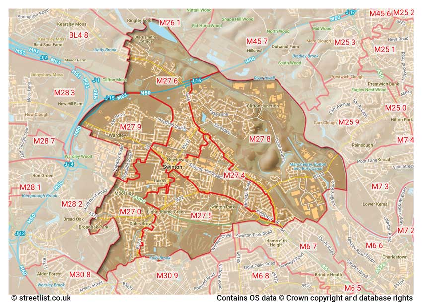 map showing postcode sectors within the M27 district