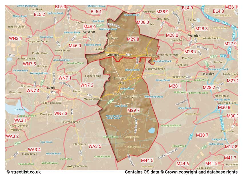 map showing postcode sectors within the M29 district