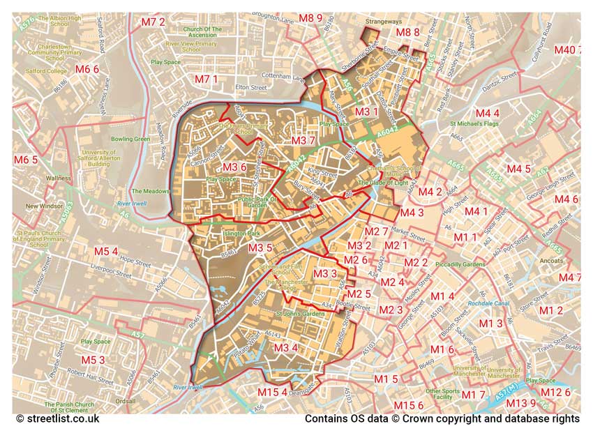 map showing postcode sectors within the M3 district