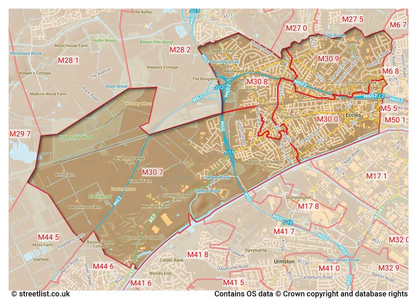 map showing postcode sectors within the M30 district