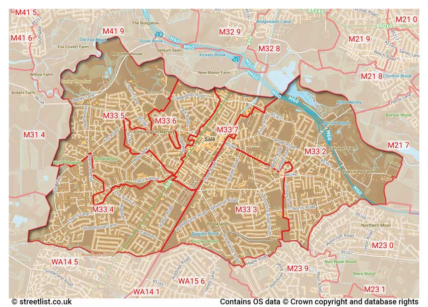 map showing postcode sectors within the M33 district