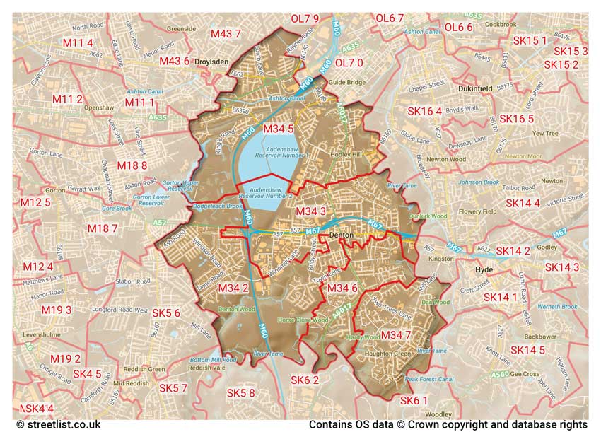 map showing postcode sectors within the M34 district