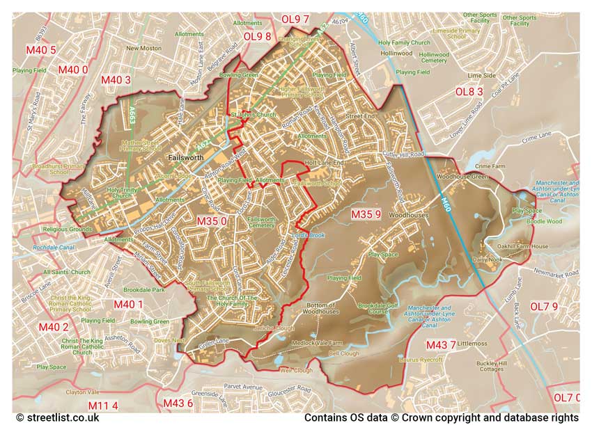 map showing postcode sectors within the M35 district