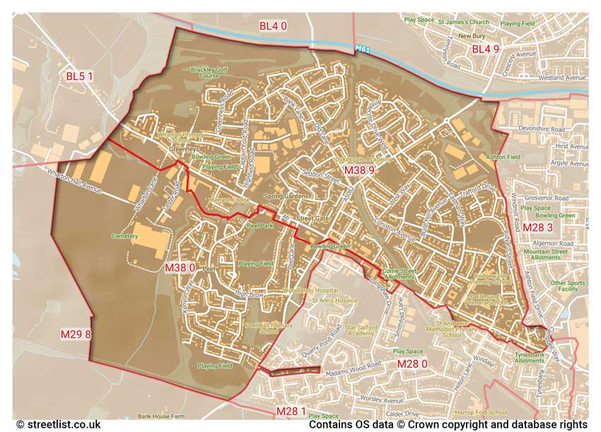 map showing postcode sectors within the M38 district