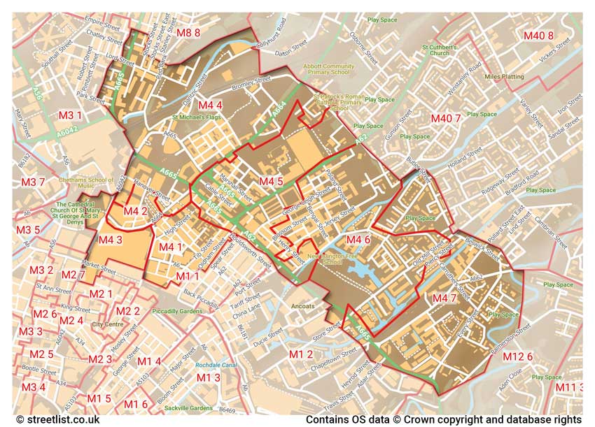 map showing postcode sectors within the M4 district