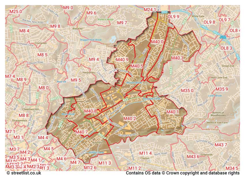 map showing postcode sectors within the M40 district