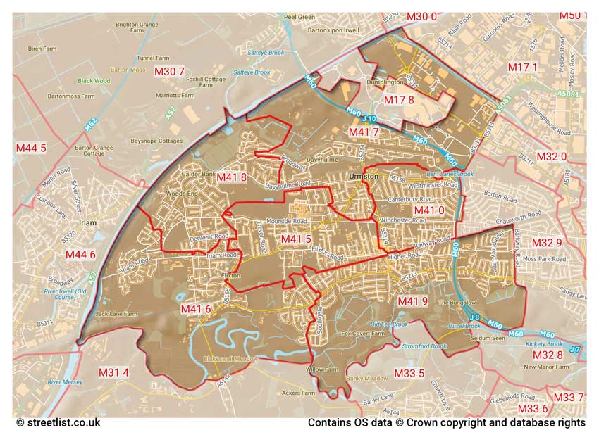 map showing postcode sectors within the M41 district