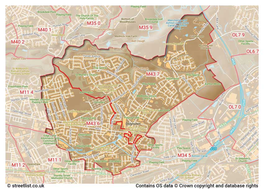 map showing postcode sectors within the M43 district