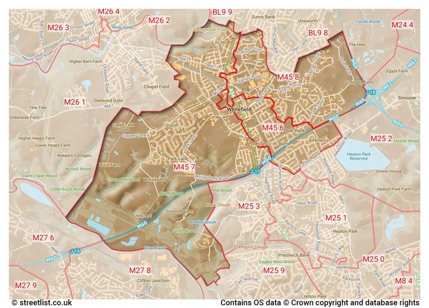 map showing postcode sectors within the M45 district