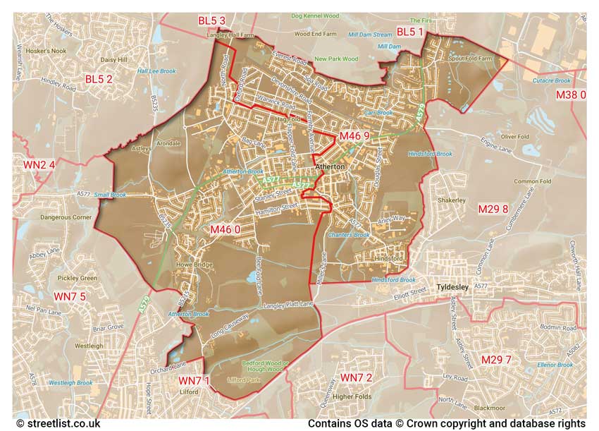 map showing postcode sectors within the M46 district