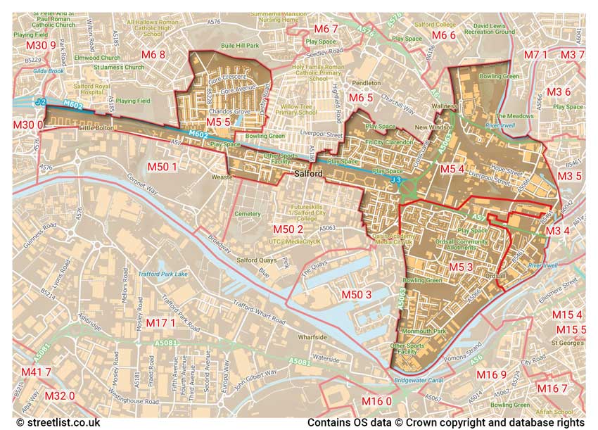 map showing postcode sectors within the M5 district