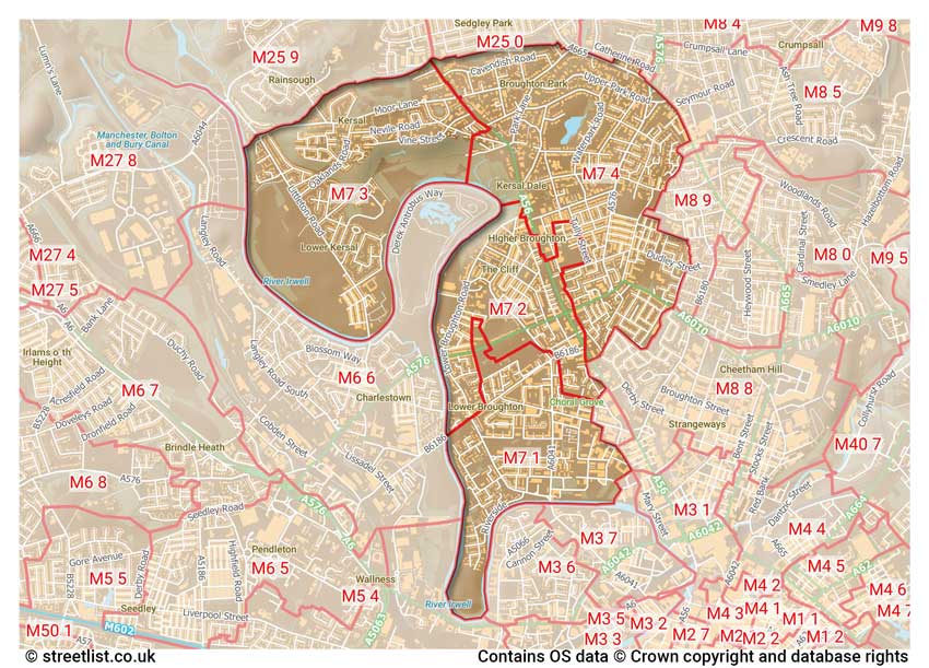 map showing postcode sectors within the M7 district