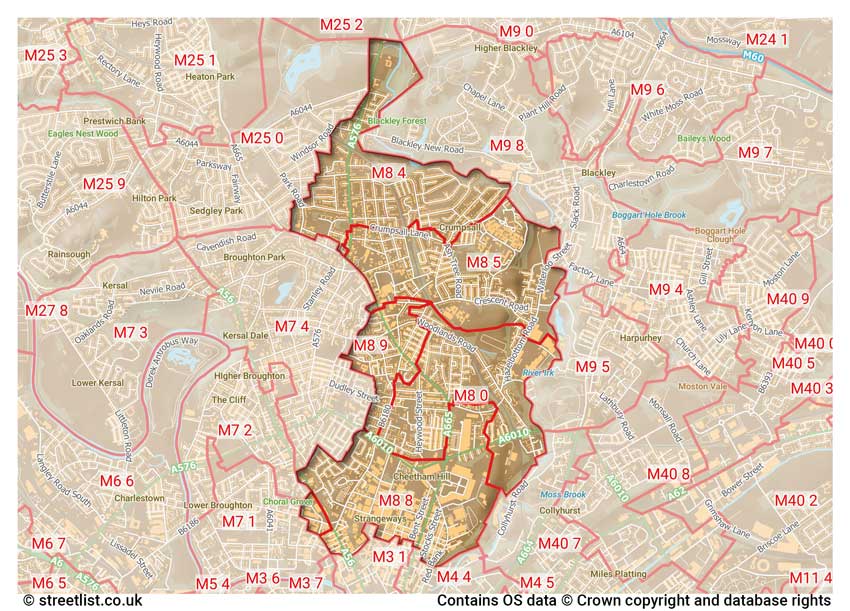 map showing postcode sectors within the M8 district