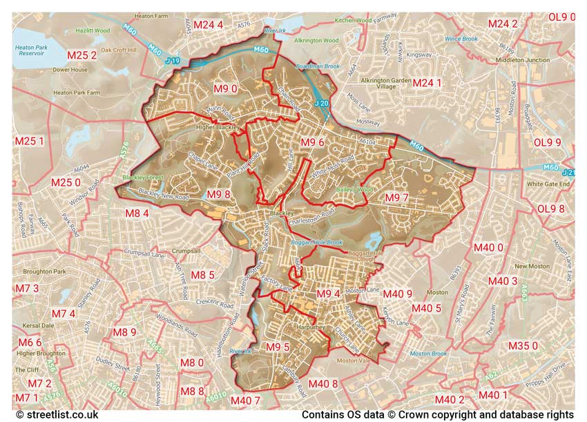 map showing postcode sectors within the M9 district