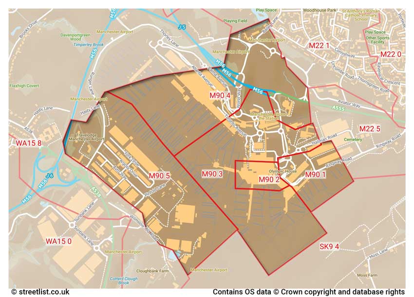 map showing postcode sectors within the M90 district