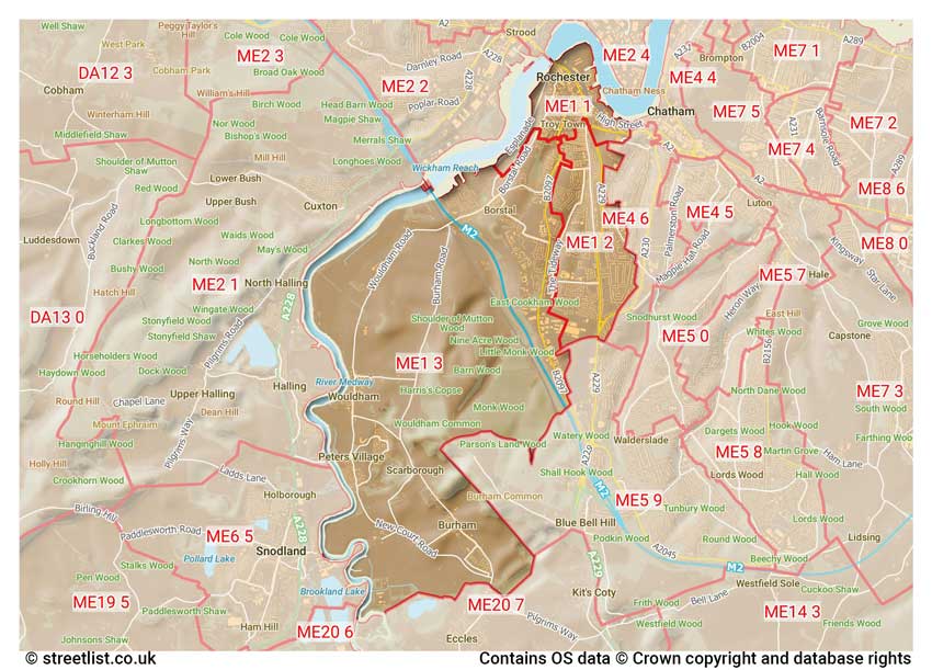 map showing postcode sectors within the ME1 district