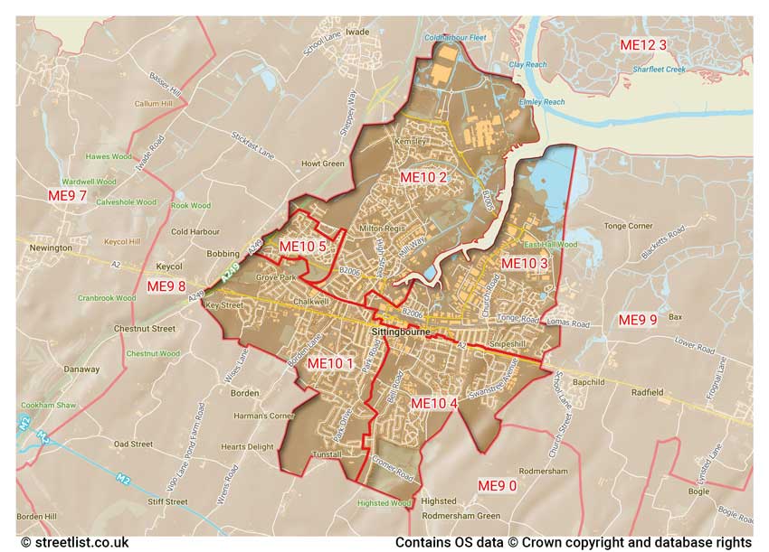 map showing postcode sectors within the ME10 district