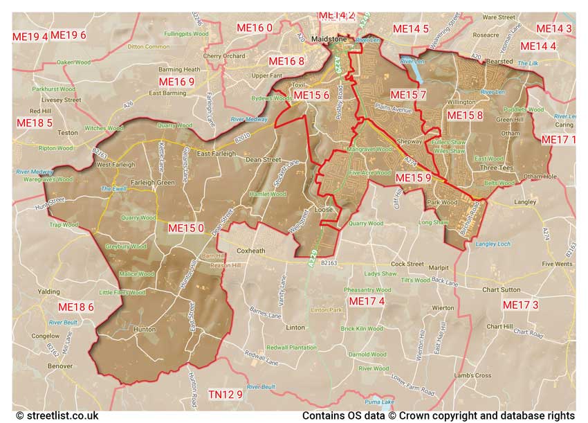 map showing postcode sectors within the ME15 district