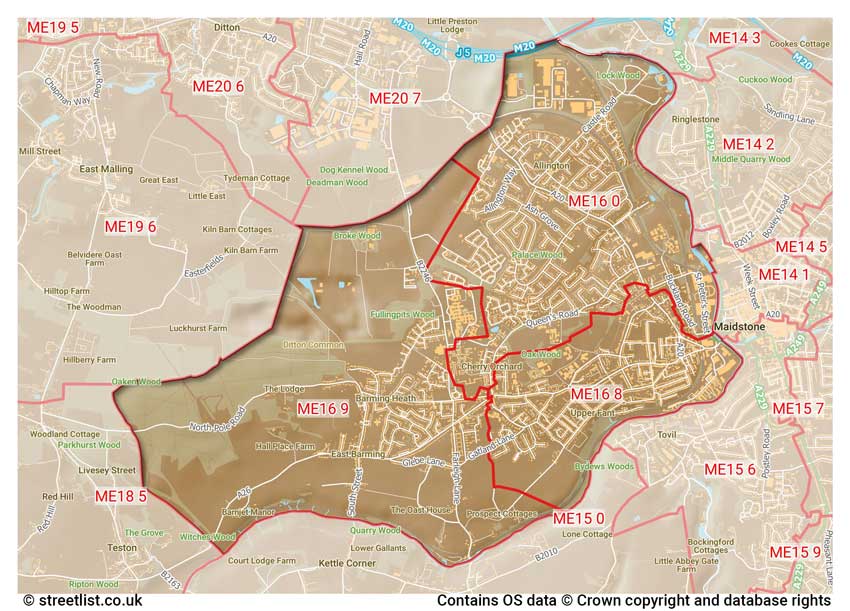 map showing postcode sectors within the ME16 district