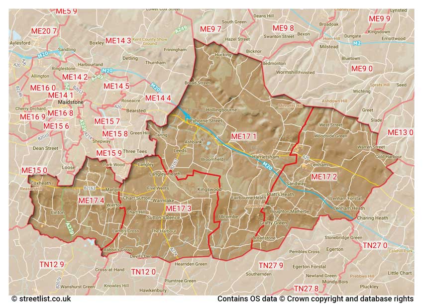 map showing postcode sectors within the ME17 district