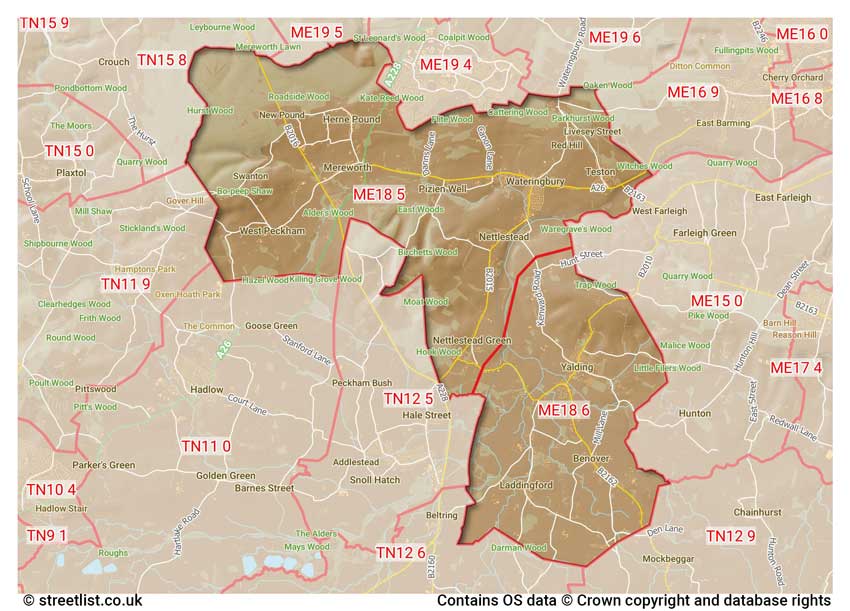 map showing postcode sectors within the ME18 district