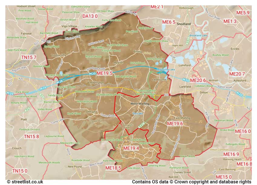 map showing postcode sectors within the ME19 district