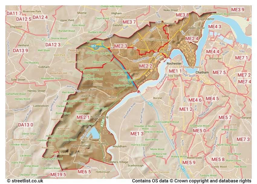 map showing postcode sectors within the ME2 district