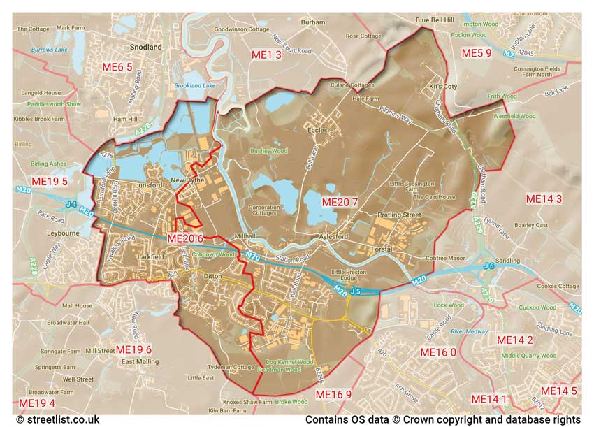 map showing postcode sectors within the ME20 district