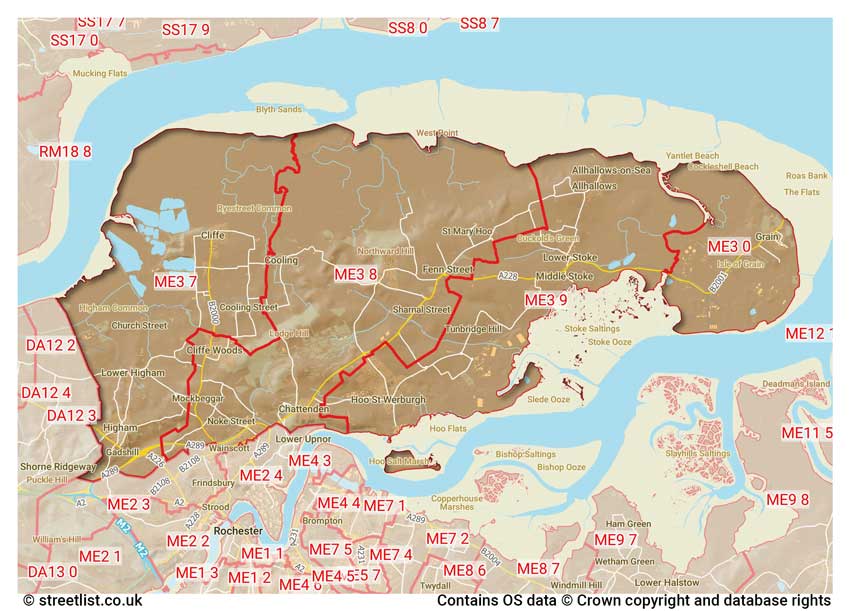 map showing postcode sectors within the ME3 district