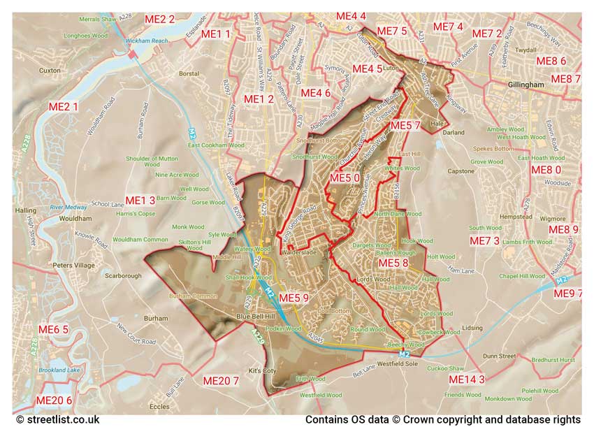 map showing postcode sectors within the ME5 district