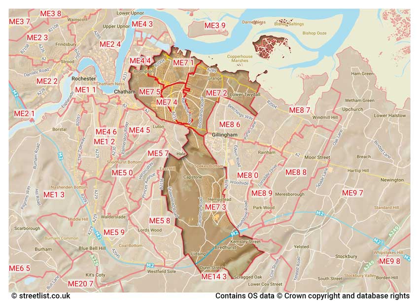 map showing postcode sectors within the ME7 district