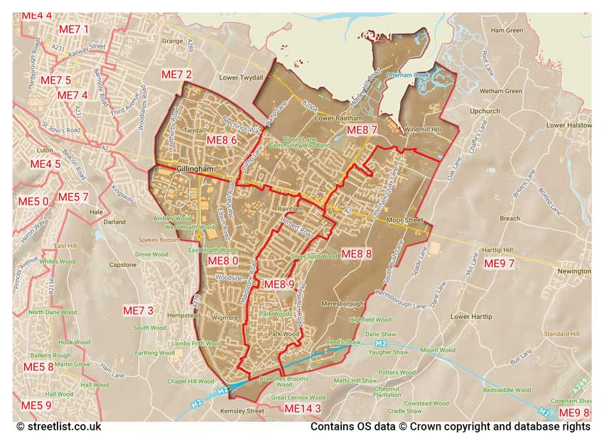 map showing postcode sectors within the ME8 district