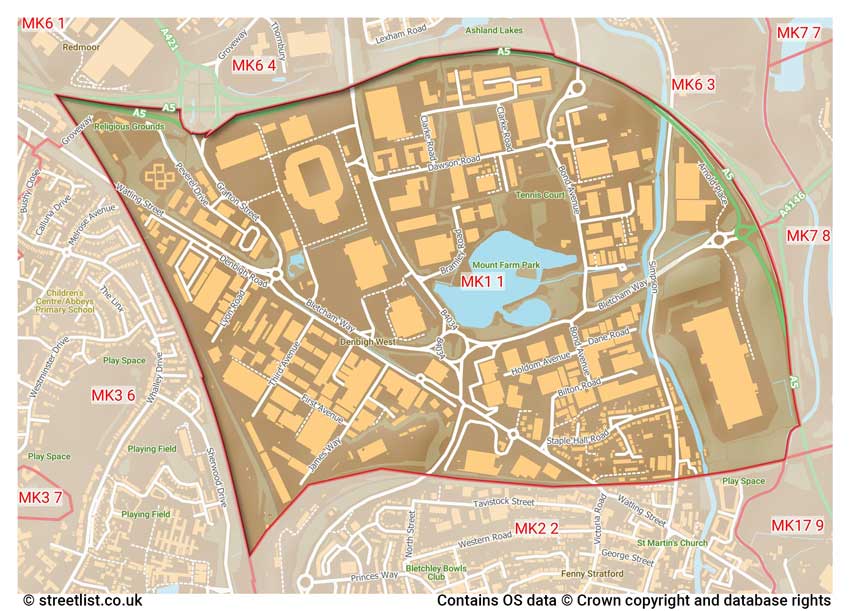 map showing postcode sectors within the MK1 district