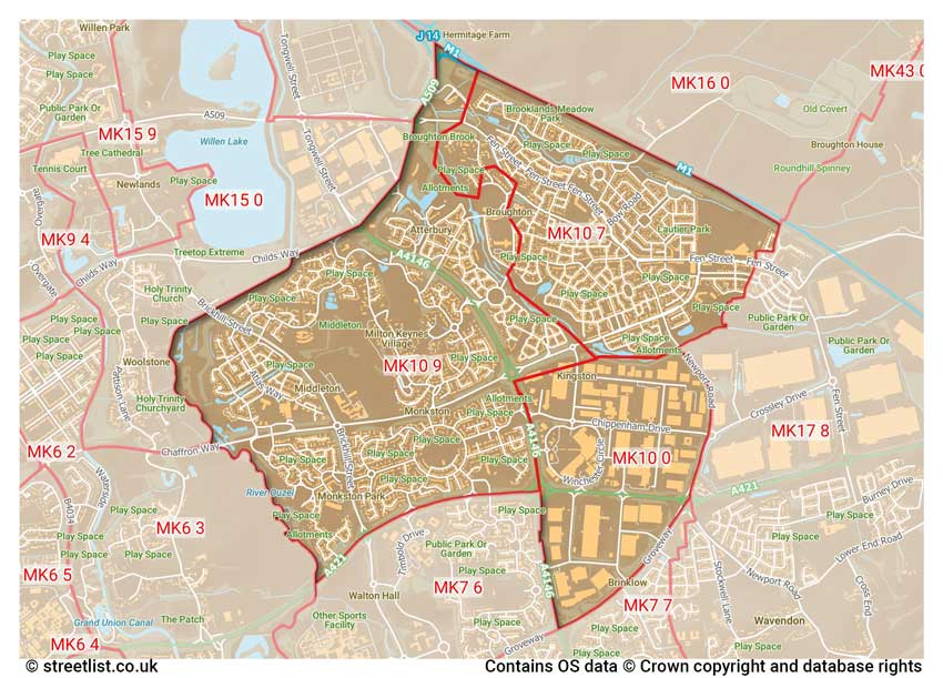 map showing postcode sectors within the MK10 district