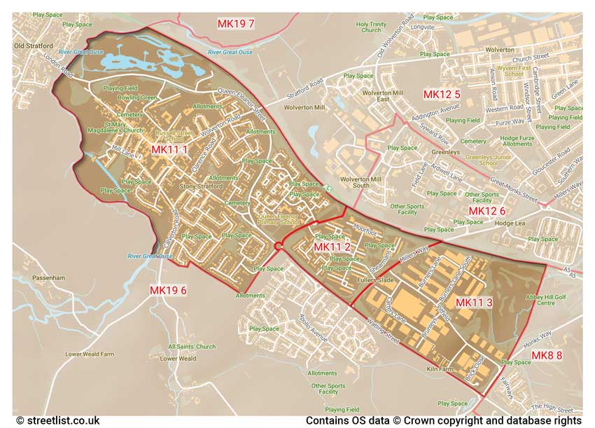 map showing postcode sectors within the MK11 district