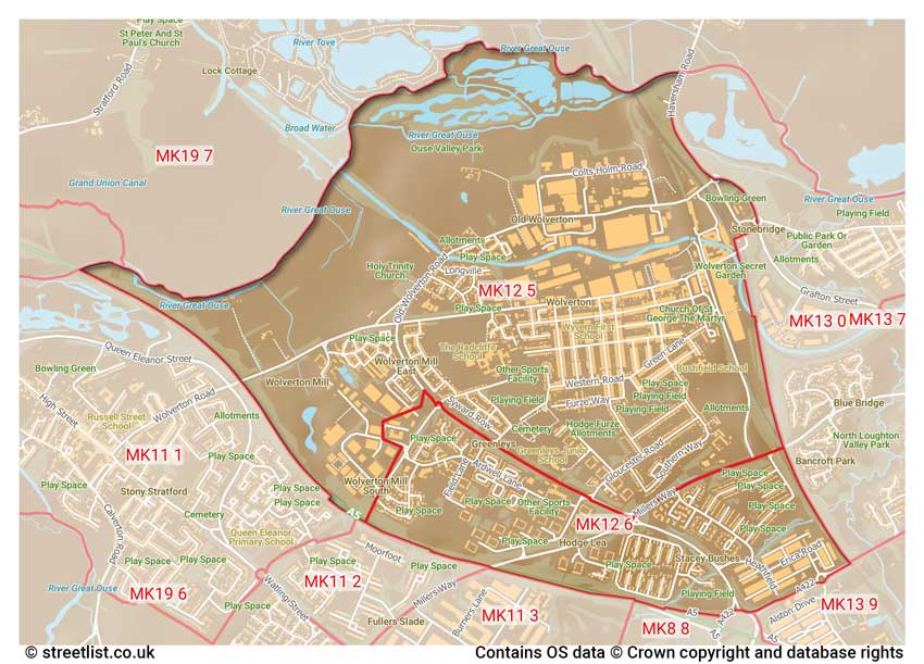 map showing postcode sectors within the MK12 district