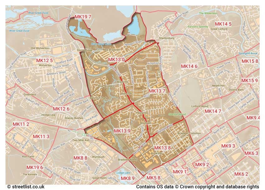 map showing postcode sectors within the MK13 district