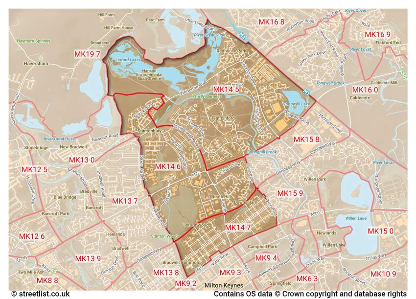 map showing postcode sectors within the MK14 district