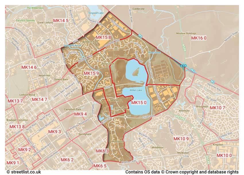 map showing postcode sectors within the MK15 district