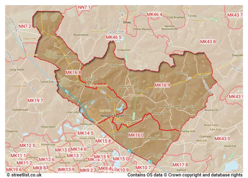 map showing postcode sectors within the MK16 district