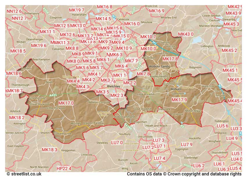 map showing postcode sectors within the MK17 district