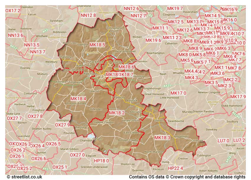 map showing postcode sectors within the MK18 district